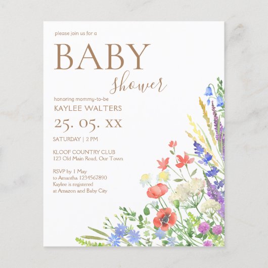 牧草地の花の予算ベビーシャワーの招待 (正面)