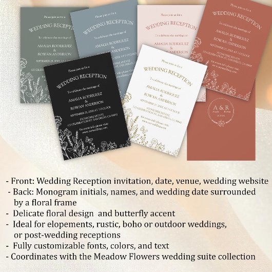 牧草地の花ブルーグレーウェディングレセプション 招待状