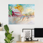 牧草地の赤い納屋と馬 ポスター (ホームオフィス)