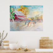 牧草地の赤い納屋と馬 ポスター (キッチン)