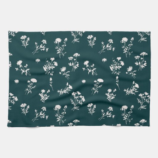 牧草地の野生の花の繊細なパターン – ティール(緑がかった色) キッチンタオル (横)