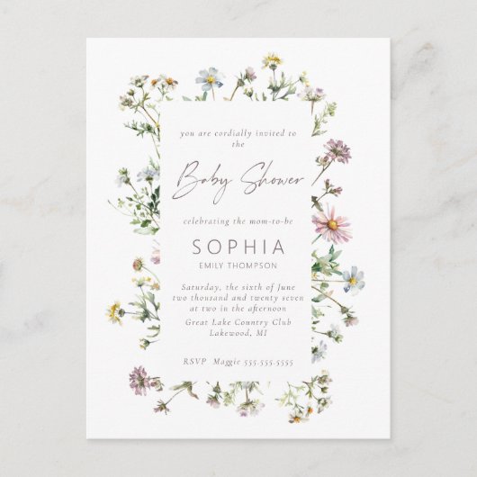牧草地の野生の花の繊細な赤ちゃんシャワー ポストカード (正面)