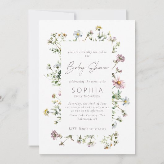 牧草地の野生の花の繊細な赤ちゃんシャワー 招待状 (正面)