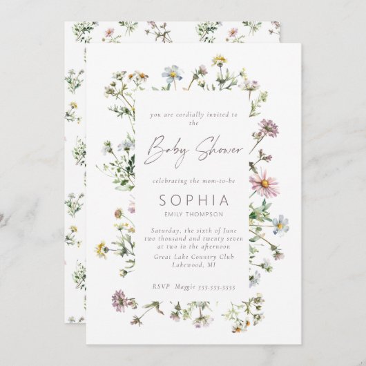 牧草地の野生の花の繊細な赤ちゃんシャワー 招待状 (正面/裏面)