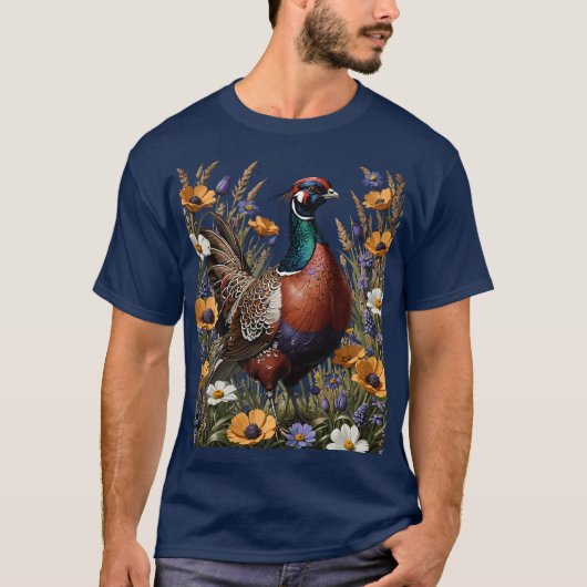 牧草地の野花に囲まれたキジ Tシャツ (正面)