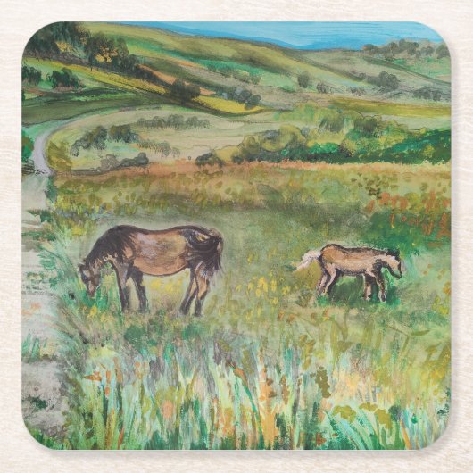 牧草地の馬 スクエアペーパーコースター (正面)
