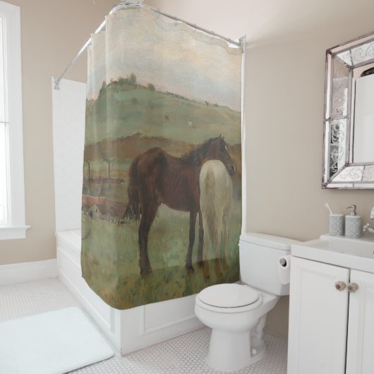 牧草地の馬、油絵、エドガー・デガ シャワーカーテン (インサイチュ)