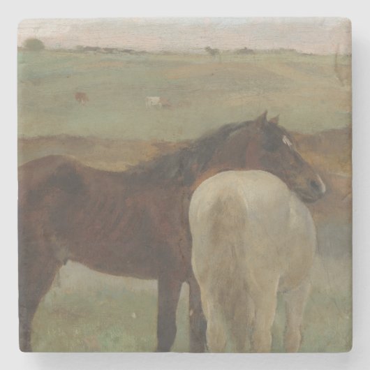 牧草地の馬、油絵、エドガー・デガ ストーンコースター (正面)