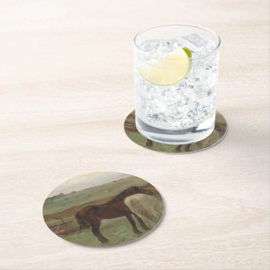 牧草地の馬、油絵、エドガー・デガ ラウンドペーパーコースター (インサイチュ)