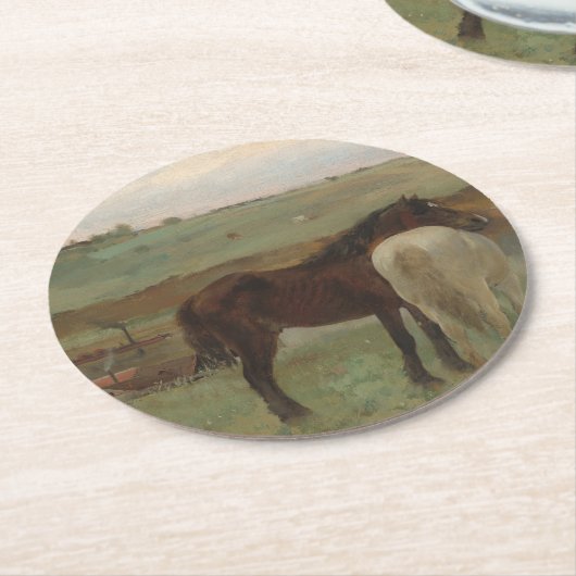 牧草地の馬、油絵、エドガー・デガ ラウンドペーパーコースター (アングル)