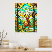 牧草地の鹿ステンドグラス写真 ポスター (キッチン)