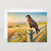 牧草地を越えてフェンスに乗る一般的なヒメコンドル シーズンポストカード (正面/裏面)
