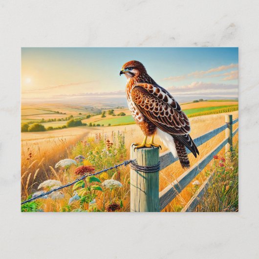 牧草地を越えてフェンスに乗る一般的なヒメコンドル シーズンポストカード (正面)