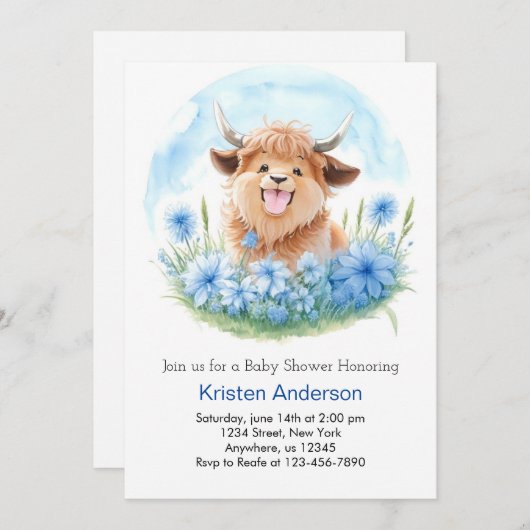 牧草地アドベンチャーブルーハイランドカウボーイ赤ちゃんシャワー 招待状 (正面/裏面)