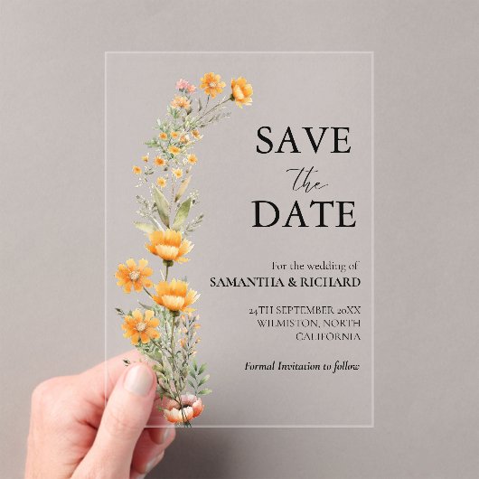 牧草地エレガント山花結婚式の日付を保存 アクリル招待状 (インサイチュ (ポータブル))