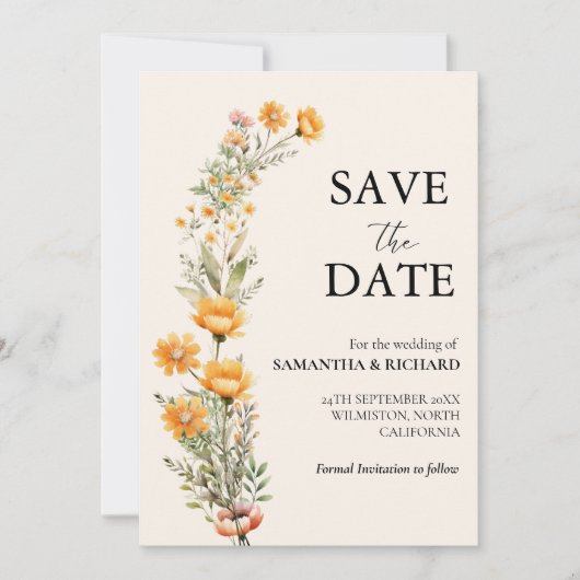牧草地エレガント山花結婚式の日付を保存 招待状 (正面)