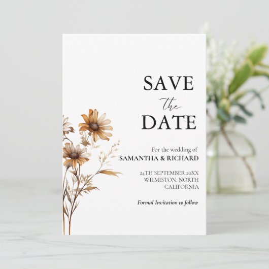 牧草地エレガント山花結婚式の日付を保存 招待状 (スタンド正面)