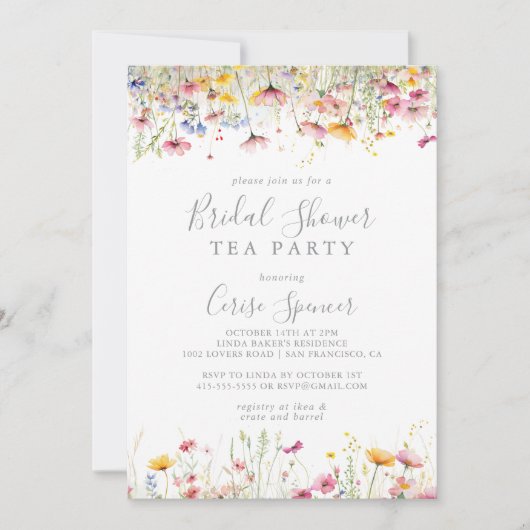 牧草地カラフル山花ブライダルシャワー茶パーティー 招待状 (正面)
