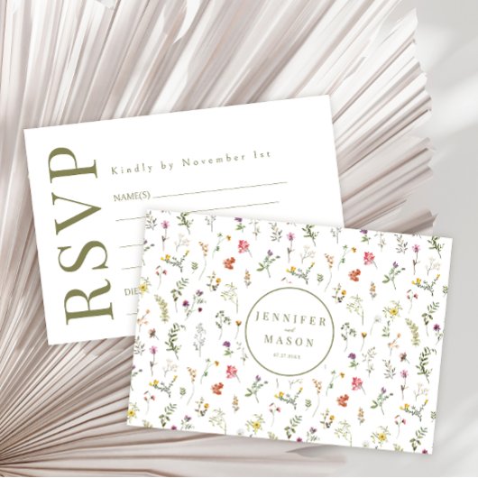牧草地カラフル山花結婚式RSVPカード 出欠カード