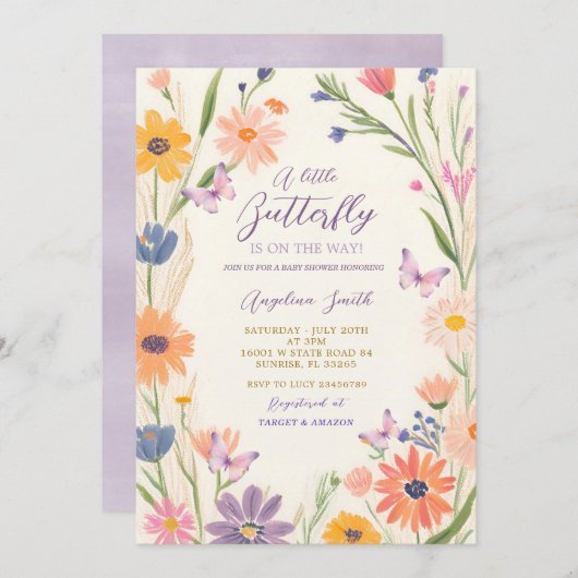 牧草地ガーデンワイルドフラワー蝶ベビーシャワー 招待状 (正面/裏面)