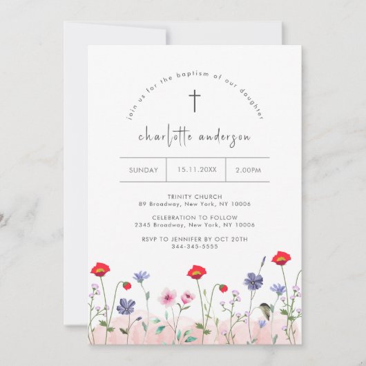 牧草地サマーリトルフラワークロスバプテスマ 招待状 (正面)