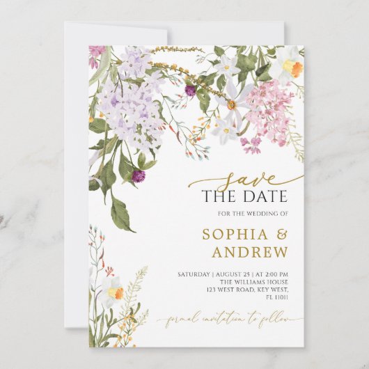 牧草地ワイルドフラワーウェディング日付を保存 招待状 (正面)