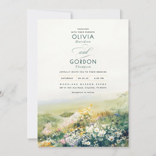 牧草地ワイルドフラワーウォータカラー結婚自然 招待状 (正面)