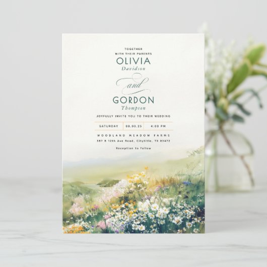 牧草地ワイルドフラワーウォータカラー結婚自然 招待状 (スタンド正面)