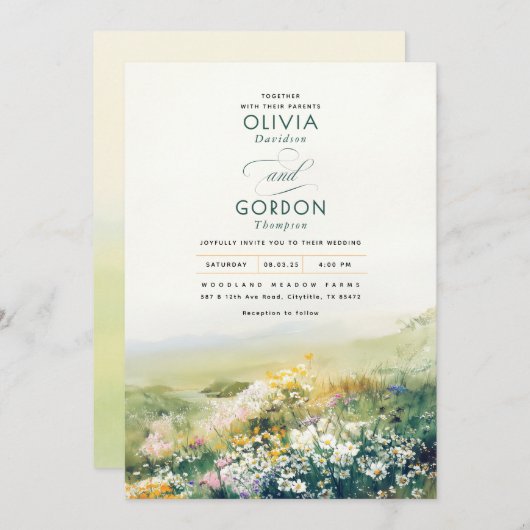 牧草地ワイルドフラワーウォータカラー結婚自然 招待状 (正面/裏面)