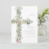 牧草地ワイルドフラワークロスバプテスマ《キリスト教》洗礼式や命名式ブルー 招待状 (スタンド正面)