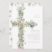 牧草地ワイルドフラワークロスバプテスマ《キリスト教》洗礼式や命名式ブルー 招待状 (正面/裏面)