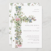 牧草地ワイルドフラワークロスバプテスマ《キリスト教》洗礼式や命名式ブルー 招待状 (正面/裏面)