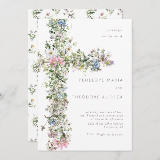 牧草地ワイルドフラワークロスバプテスマ《キリスト教》洗礼式や命名式ブルー 招待状 (正面/裏面)