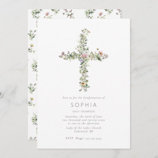 牧草地ワイルドフラワークロス確認お祝い 招待状 (正面/裏面)