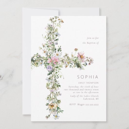 牧草地ワイルドフラワーバプティスマ《キリスト教》洗礼式や命名式 招待状 (正面)