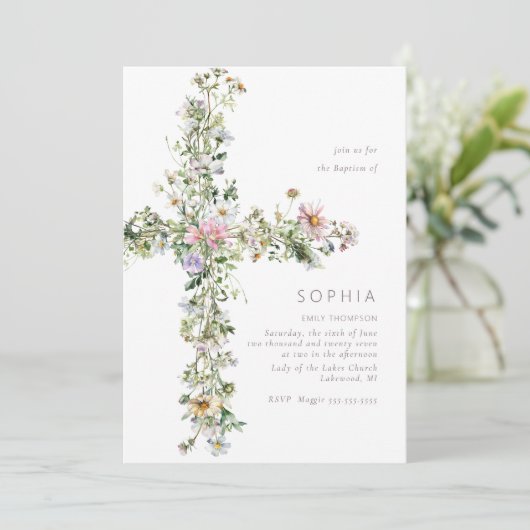 牧草地ワイルドフラワーバプティスマ《キリスト教》洗礼式や命名式 招待状 (スタンド正面)