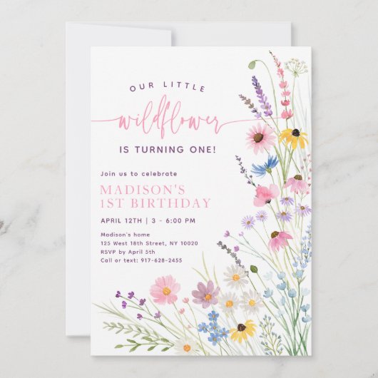 牧草地ワイルドフラワーファースト誕生日 招待状 (正面)