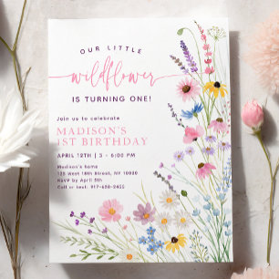 牧草地ワイルドフラワーファースト誕生日 招待状