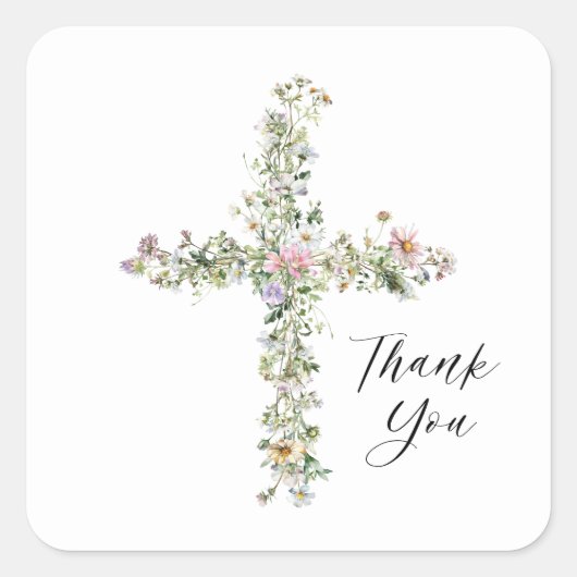 牧草地ワイルドフラワー十字宗教ありがとう スクエアシール (正面)