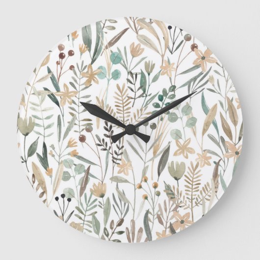 牧草地ワイルドフラワー：水彩チャーム。 ラージ壁時計 (正面)