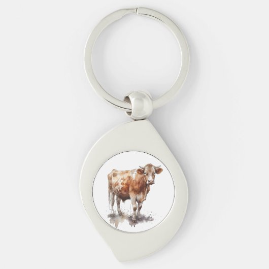 牧草地絵画の牛の水色 キーホルダー (正面)