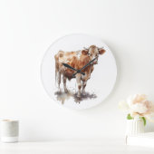 牧草地絵画の牛の水色 ラージ壁時計 (ホーム)