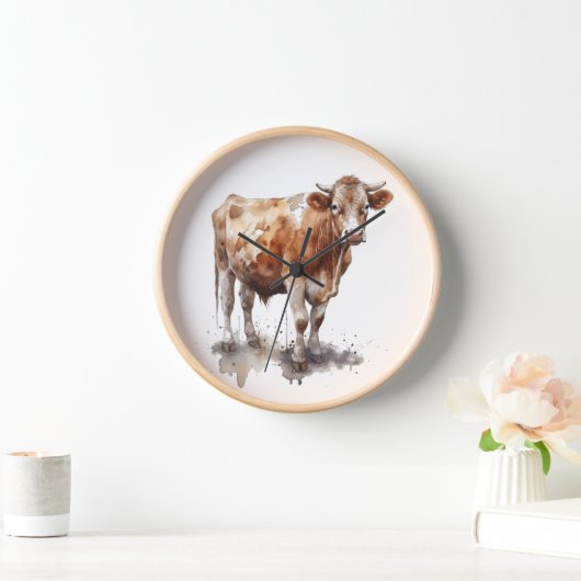 牧草地絵画の牛の水色 壁時計 (ホーム)