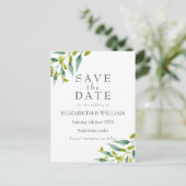 牧草地葉の水彩結婚式の日付を保存 案内ポストカード (スタンド正面)