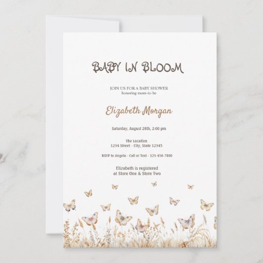 牧草地蝶ベビーイン開花ベビーシャワー 招待状 (正面)