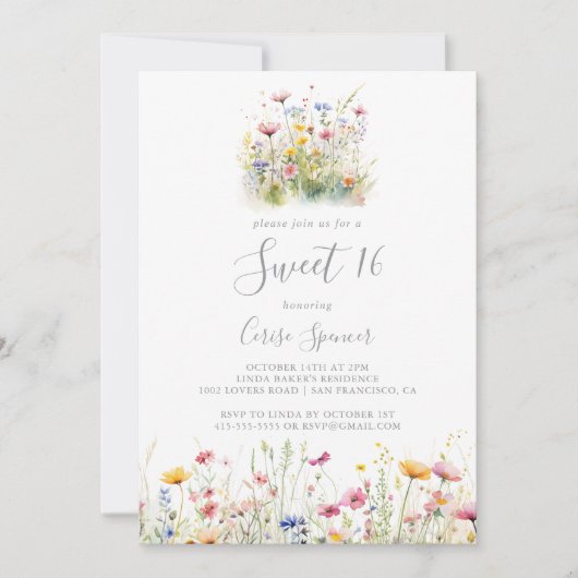 牧草野カラフル花甘い16誕生日パーティー 招待状 (正面)