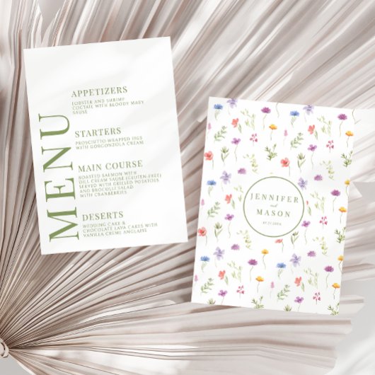 牧野カラフル野草花結婚ボーホーのメニューカード エンクロージャーカード