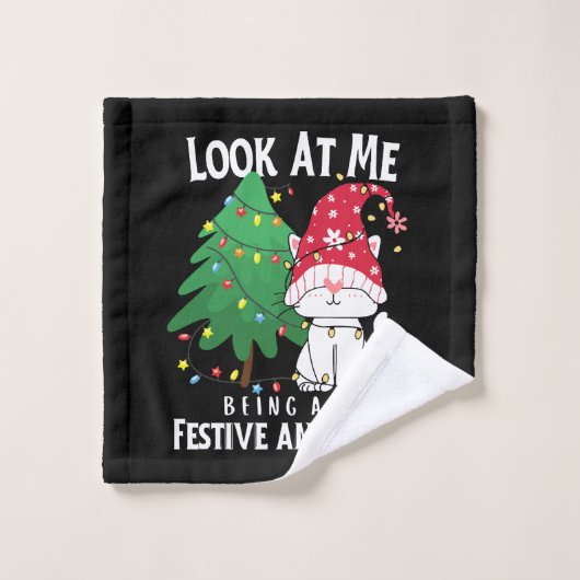 物おもしろいのクリスマス猫 ウォッシュタオル (ウォッシュタオル)