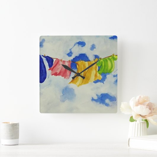 物干しアート明るい色の洗濯物 スクエア壁時計 (ホーム)