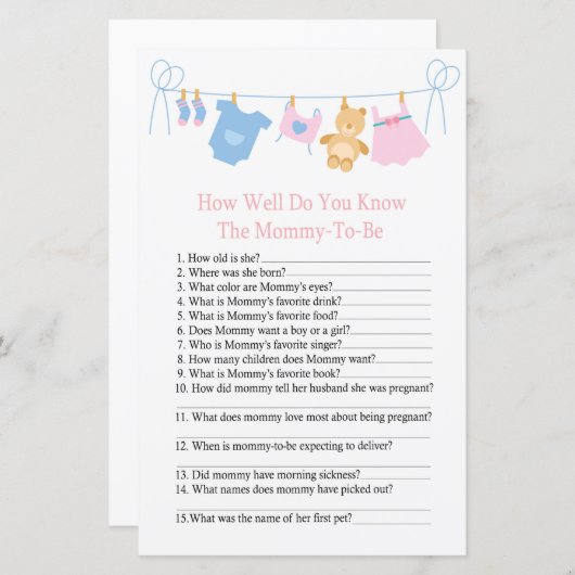 物干しシーラインベビーシャワーゲームをどれだけ知っているか (正面/裏面)